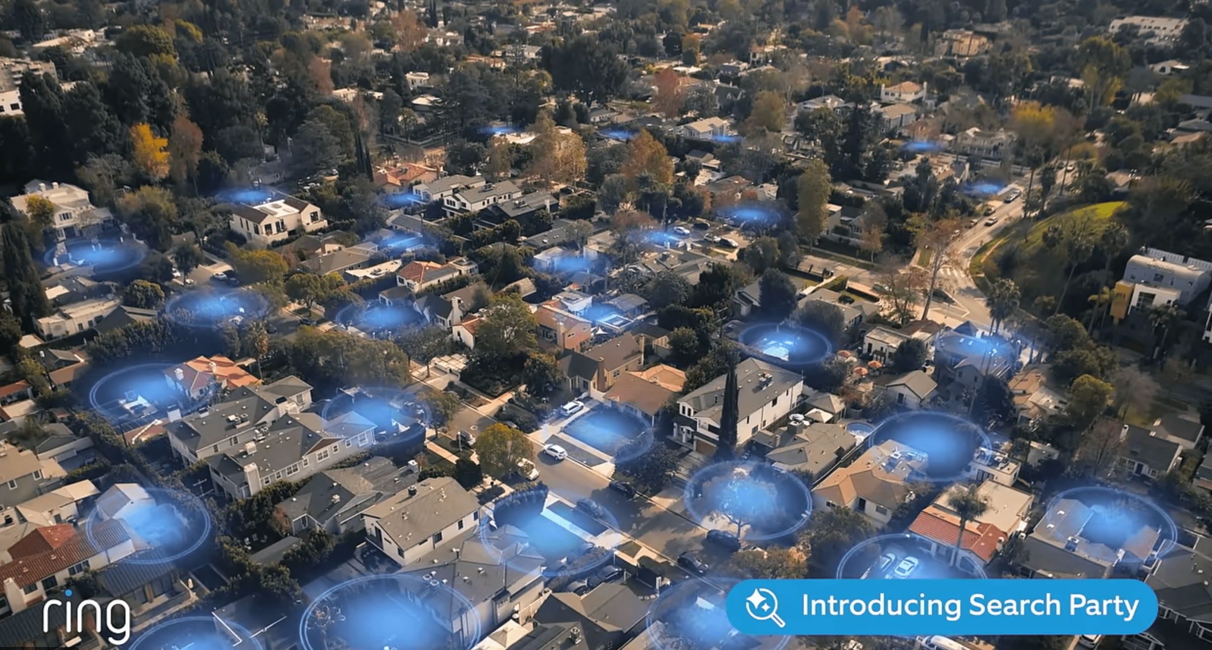 Ring’s ad for Search Party showed cameras scanning a neighborhood.